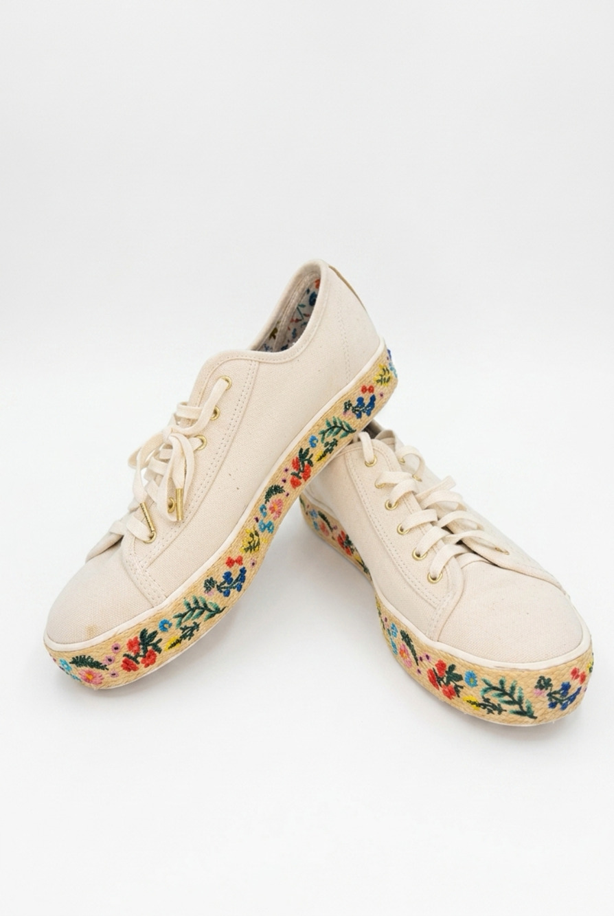 Keds x Rifle Paper Co. Kick Natural Platform Embroidered Espadrille Sneakers sz